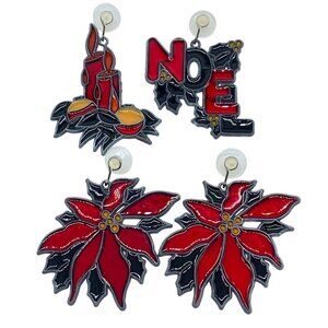 Vtg Christmas Stained Glass Style Sun Catchers Poinsettias Noel Candles Holiday
